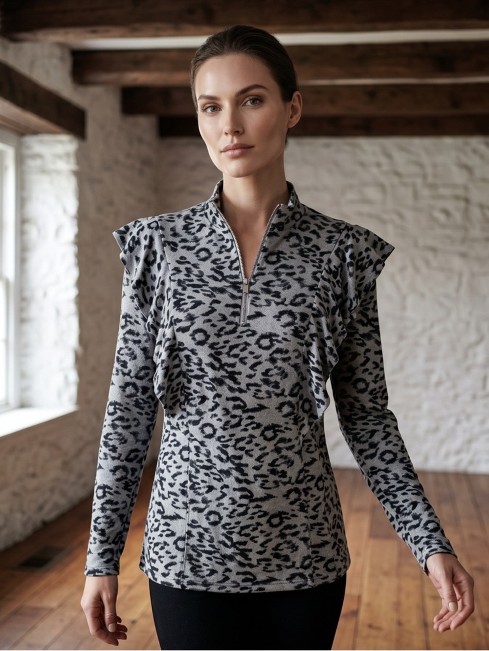 Fever Black and Gray Animal Print Women's Long Sleeve Zip Up Or Down Blouse